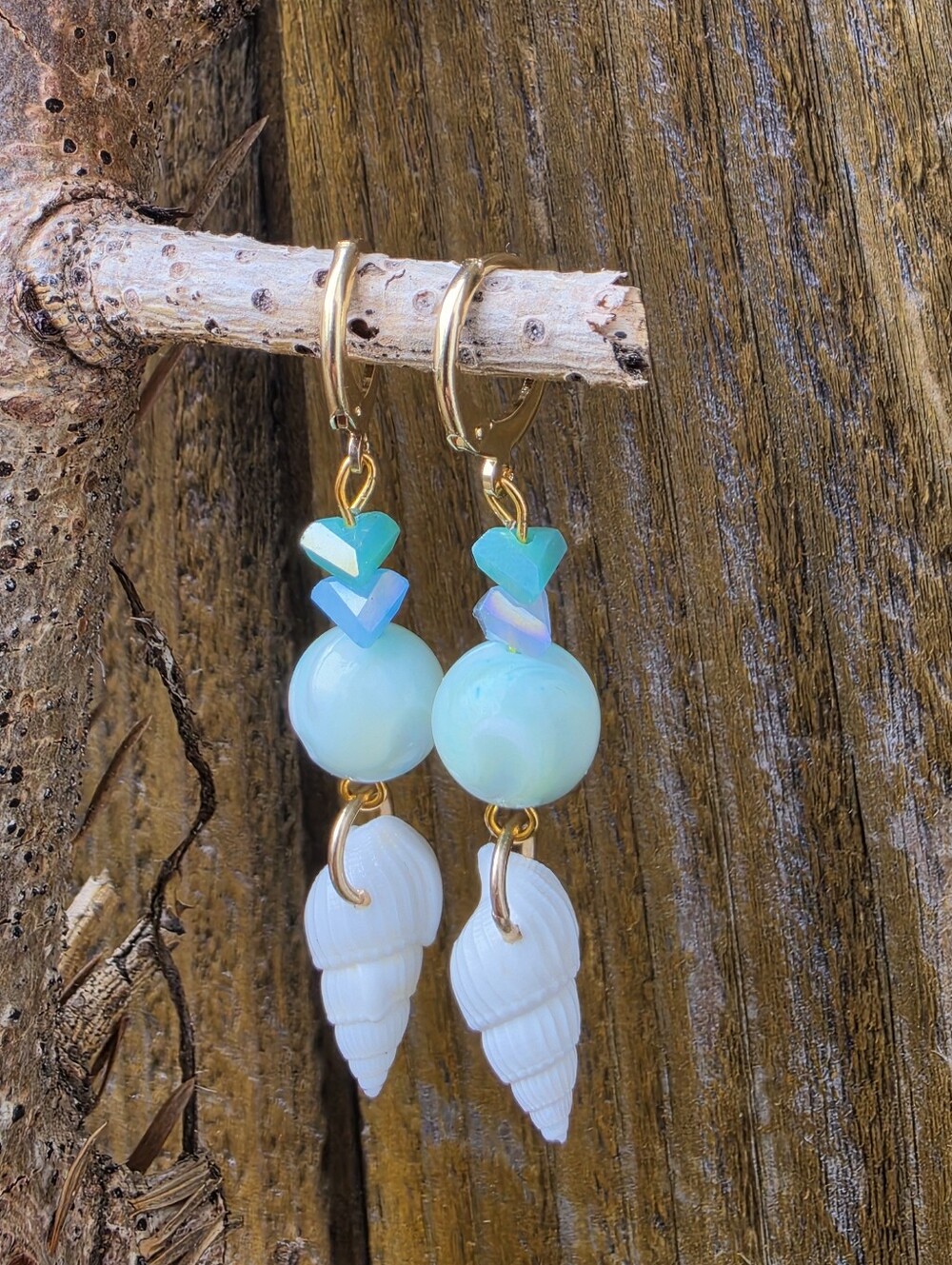 18k Gold Plated Sea Shell & Aqua Glass Dangle Huggie Earrings
